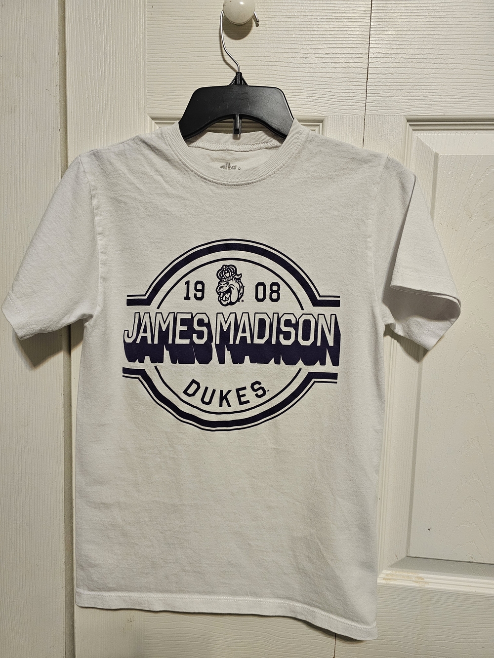 JMU White Short-Sleeve Tee with Purple James Madison Graphic